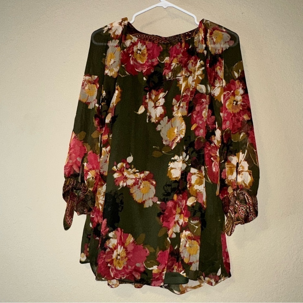 3/$25 Fig & Flower Fall Floral Sheer 3/4 Sleeves Tunic Blouse - Plus Size XXL - Picture 4 of 9